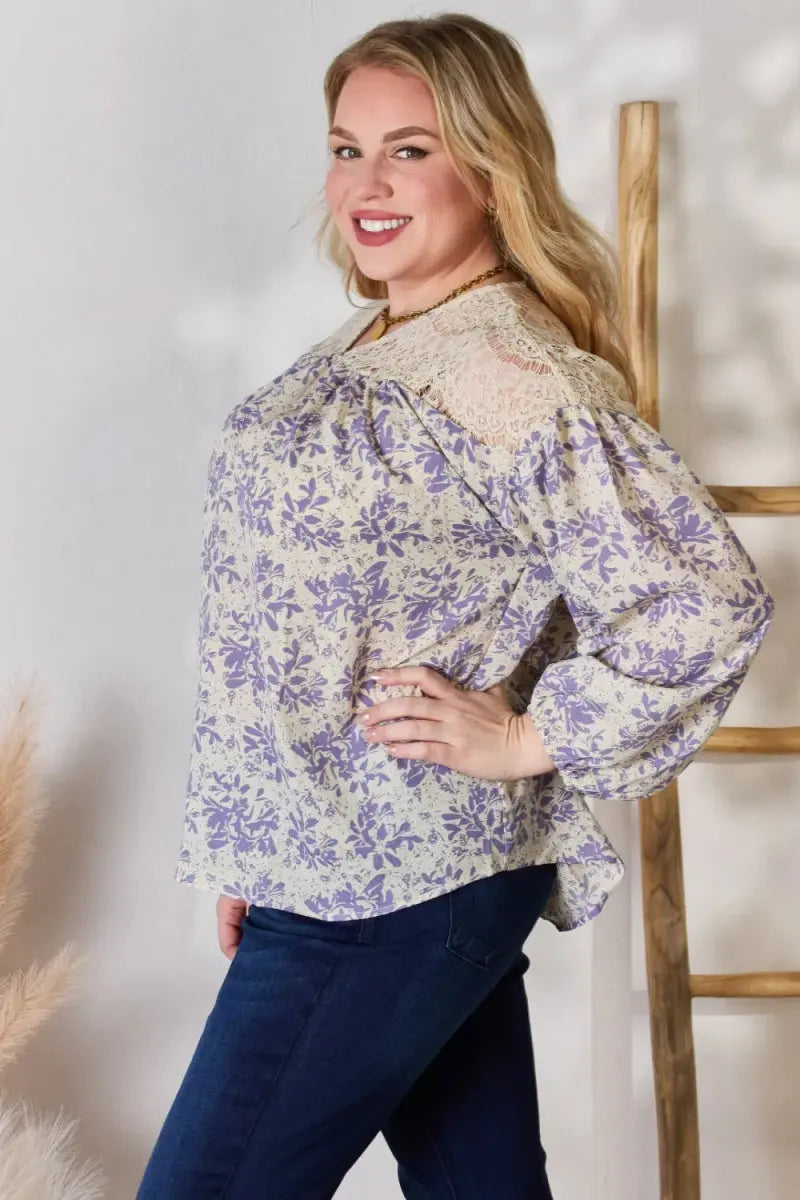 Hailey & Co Full Size Lace Detail Printed Blouse for Women - Love Salve